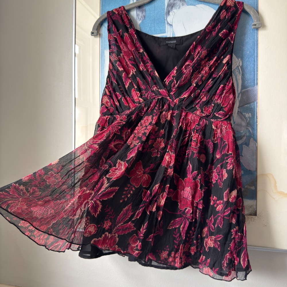 Y2K Whimsigoth Dark Floral Silk Babydoll Empire Waist V-Neck Top Express S Lined